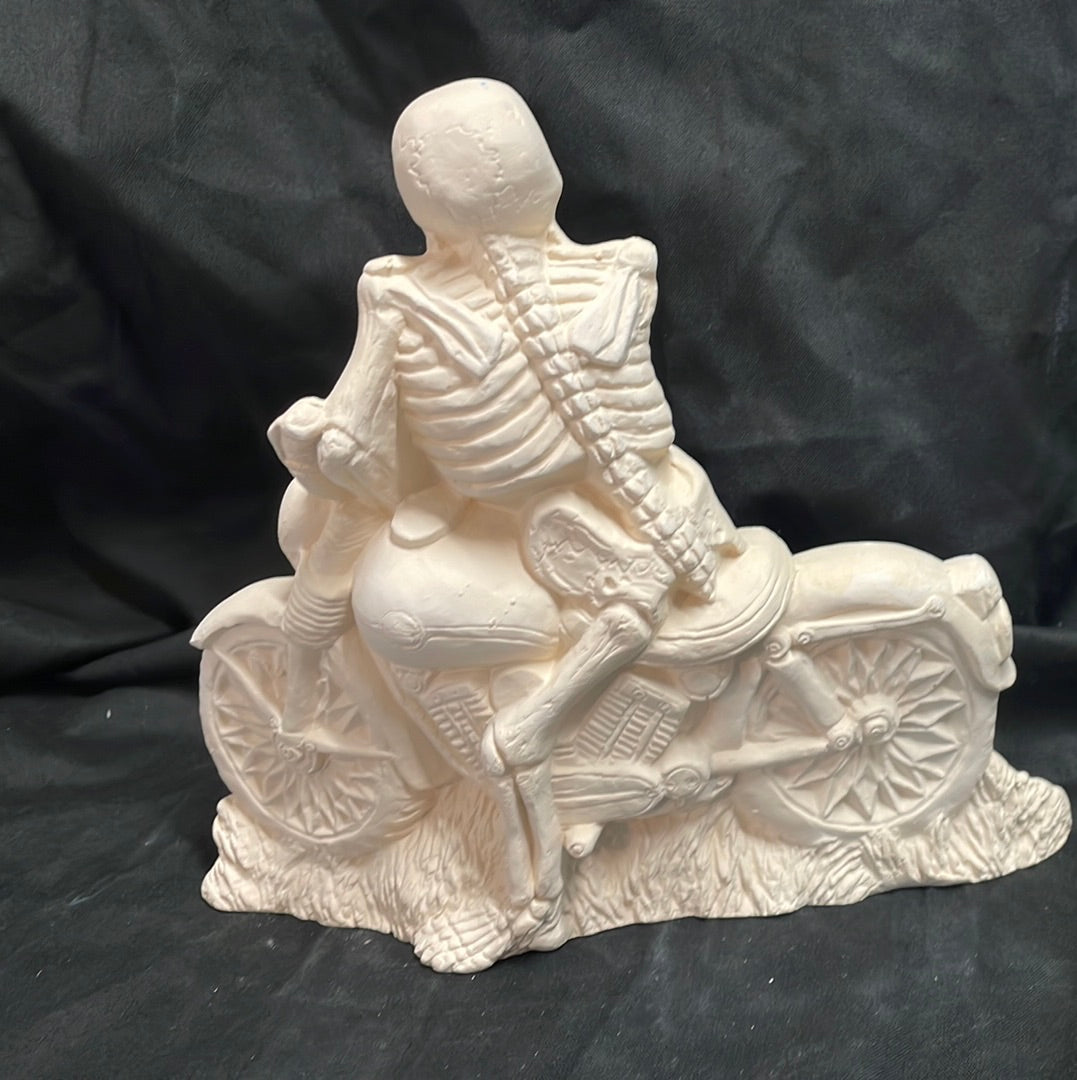 Skeleton Riding Motorcycle Ceramic Bisque