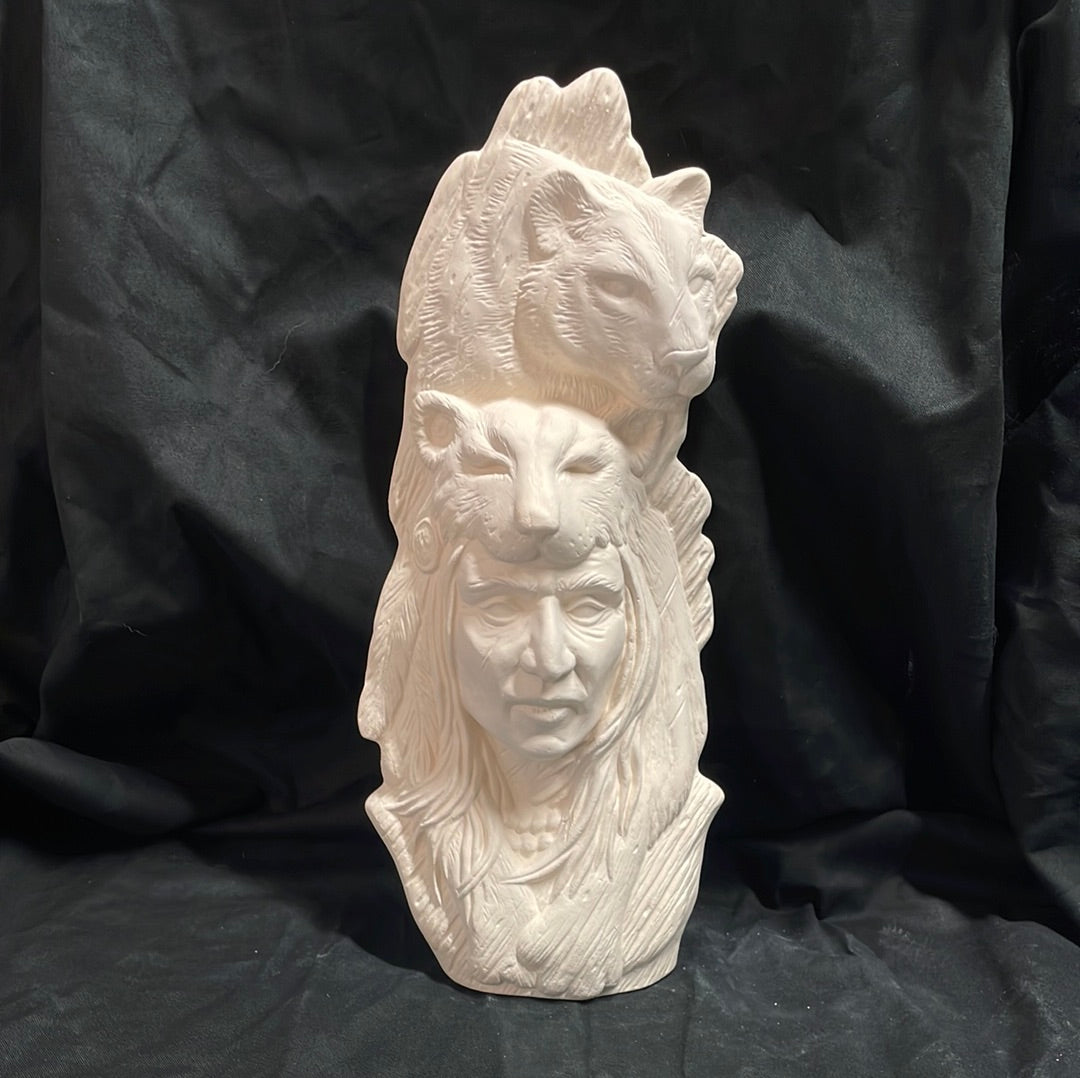 Indian and Cat Totem Ceramic Bisque