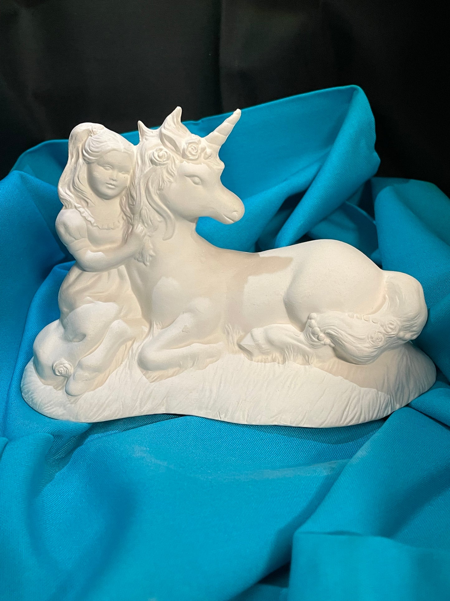 Laying Unicorn w/Girl Ceramic Bisque