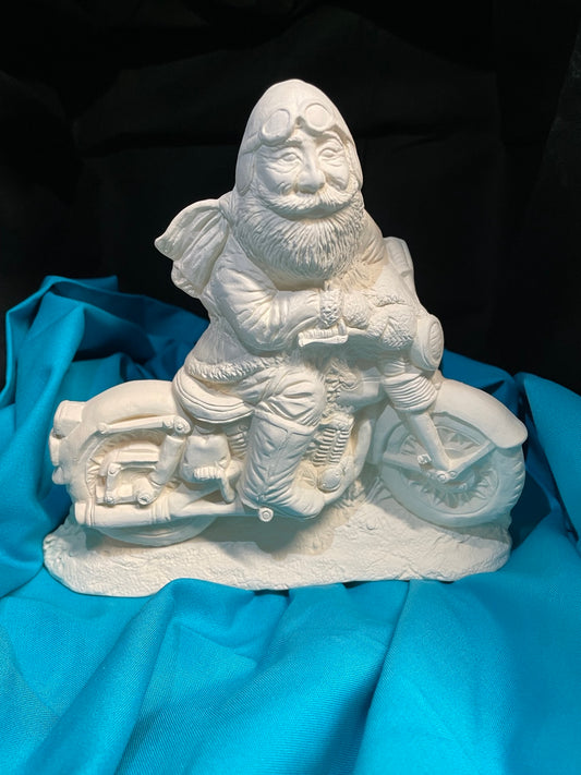 Santa Riding a Motorcycle Ceramic Bisque