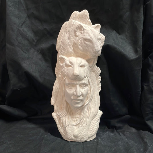 Indian and Cat Totem Ceramic Bisque