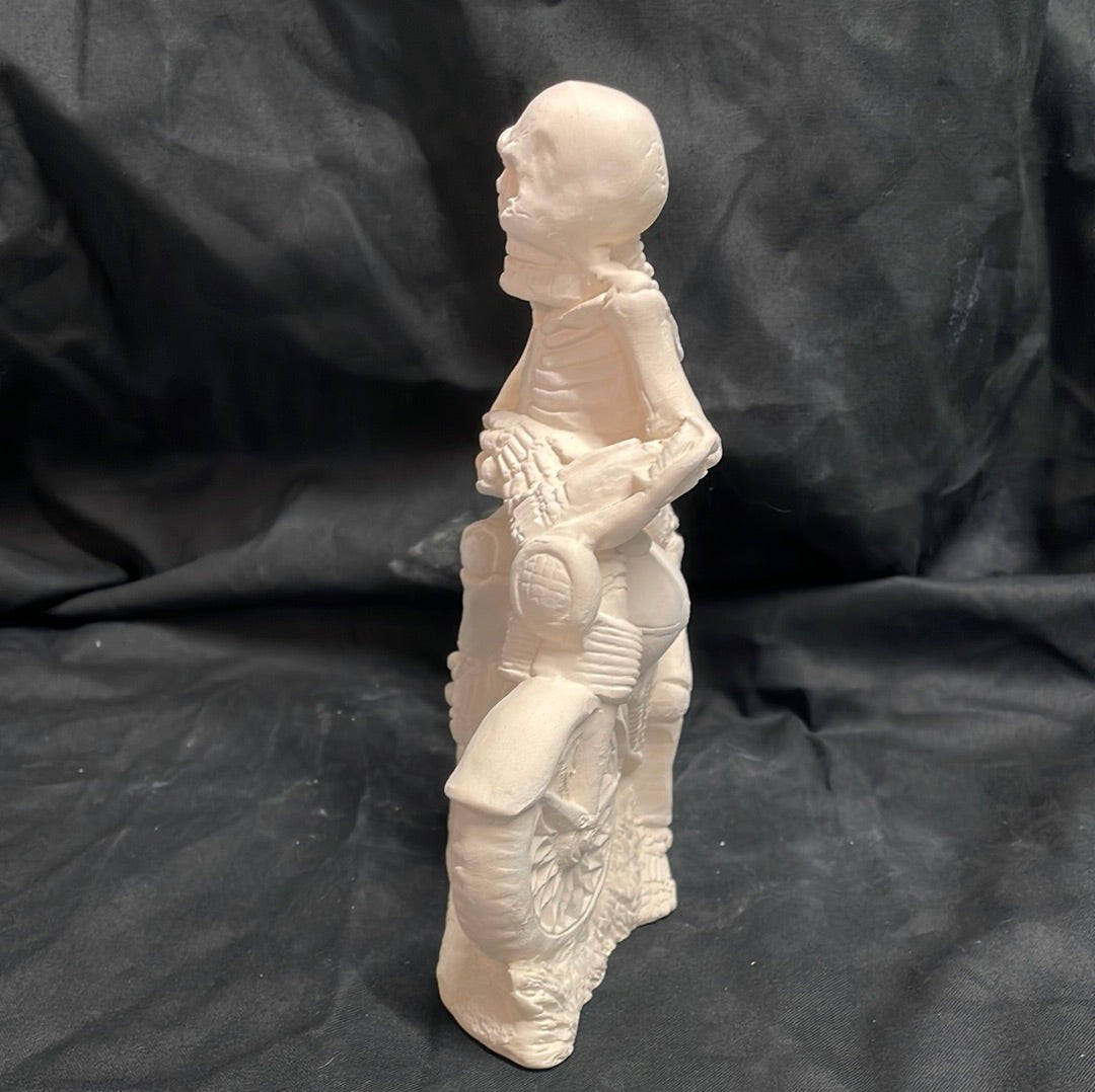 Skeleton Riding Motorcycle Ceramic Bisque