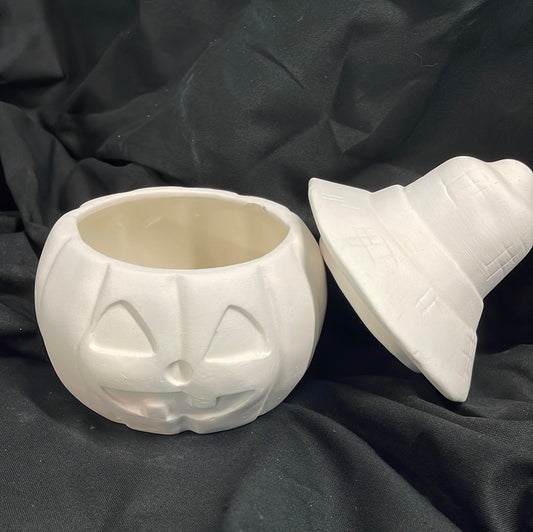Pumpkin w/Hat Jar Ceramic Bisque
