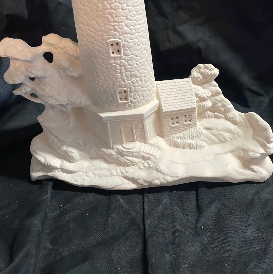 Large Lighthouse w/Keeper House Ceramic Bisque